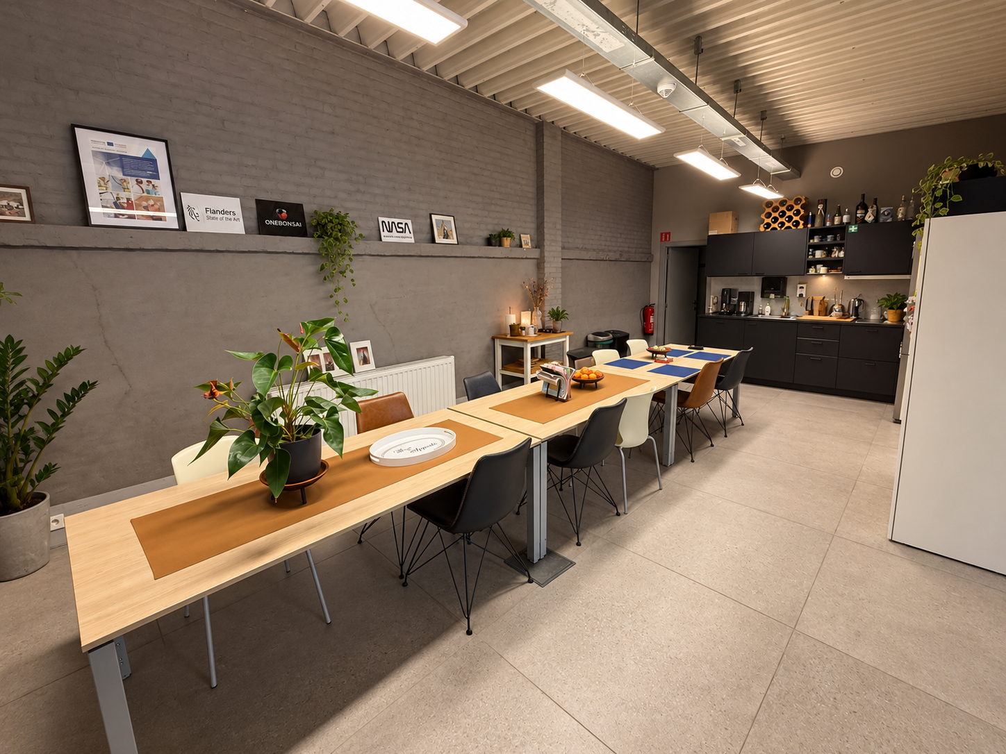 Kitchen with a long shared table, seating, and dark cabinetry