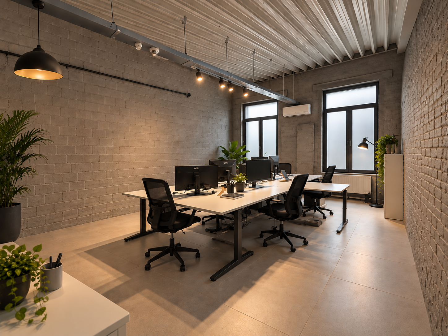 Private office with desks for a team, exposed brick, and large windows