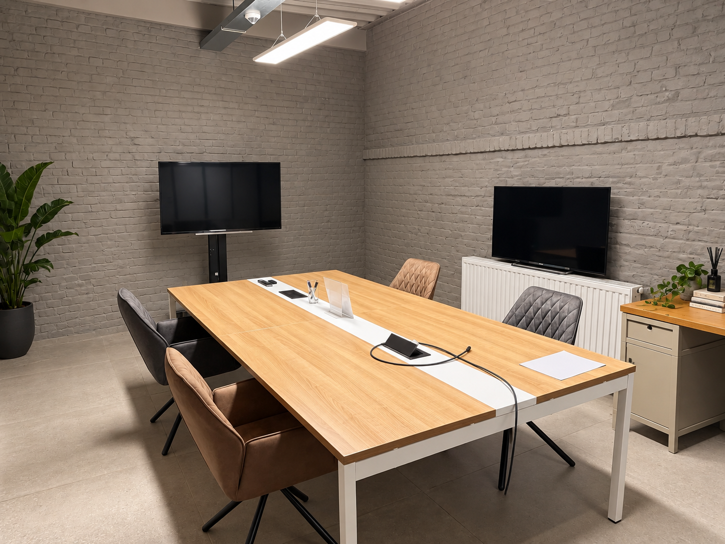 Small meeting room with a table for six, two screens, and exposed brick walls